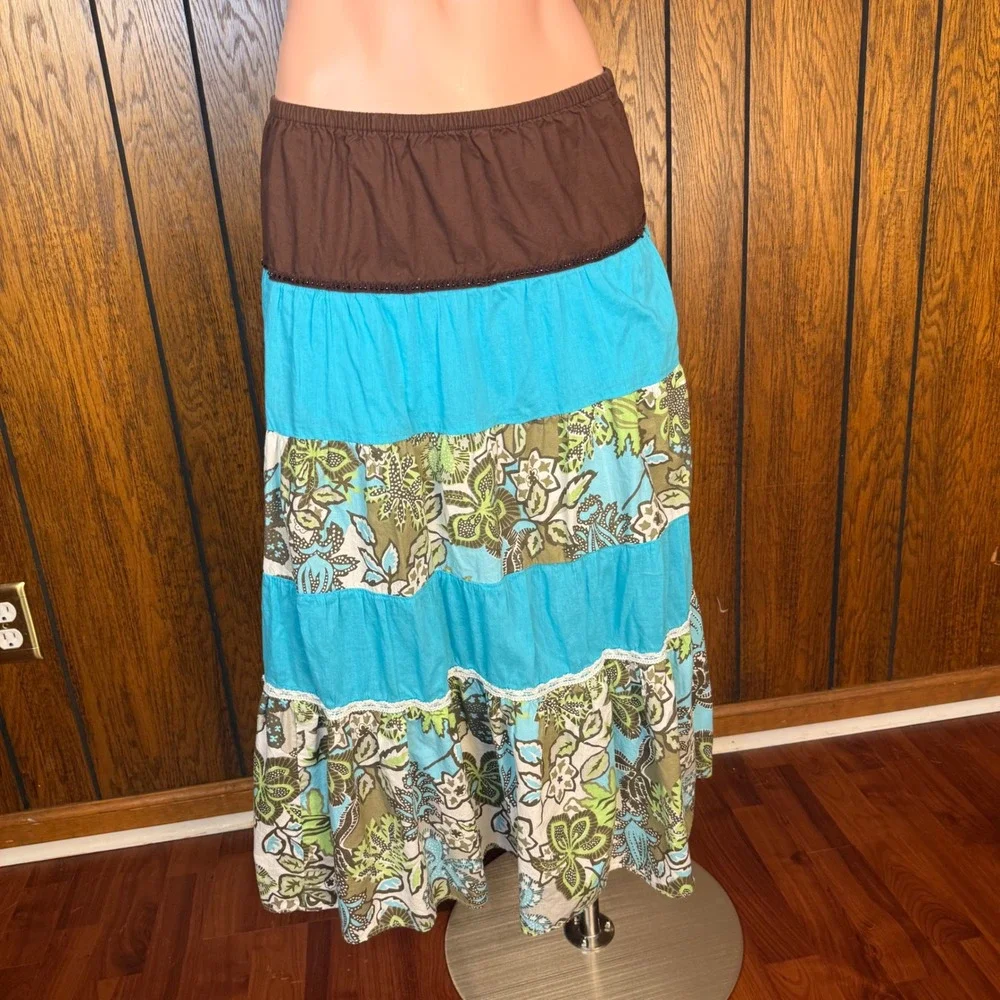 Cato Maxi Skirt Women L Blue Brown Floral Tiered Cotton Boho Western Cottagecore